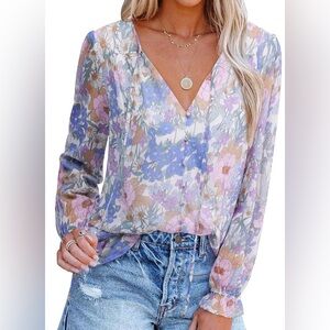Mutitop Women's Casual V Neck Boho Top Floral Printed Blouses Long Sleeve Shirt